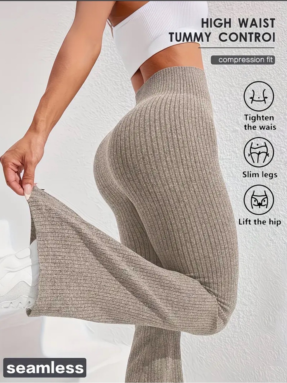 High-Waist Seamless Ribbed Flare Pants - Taupe